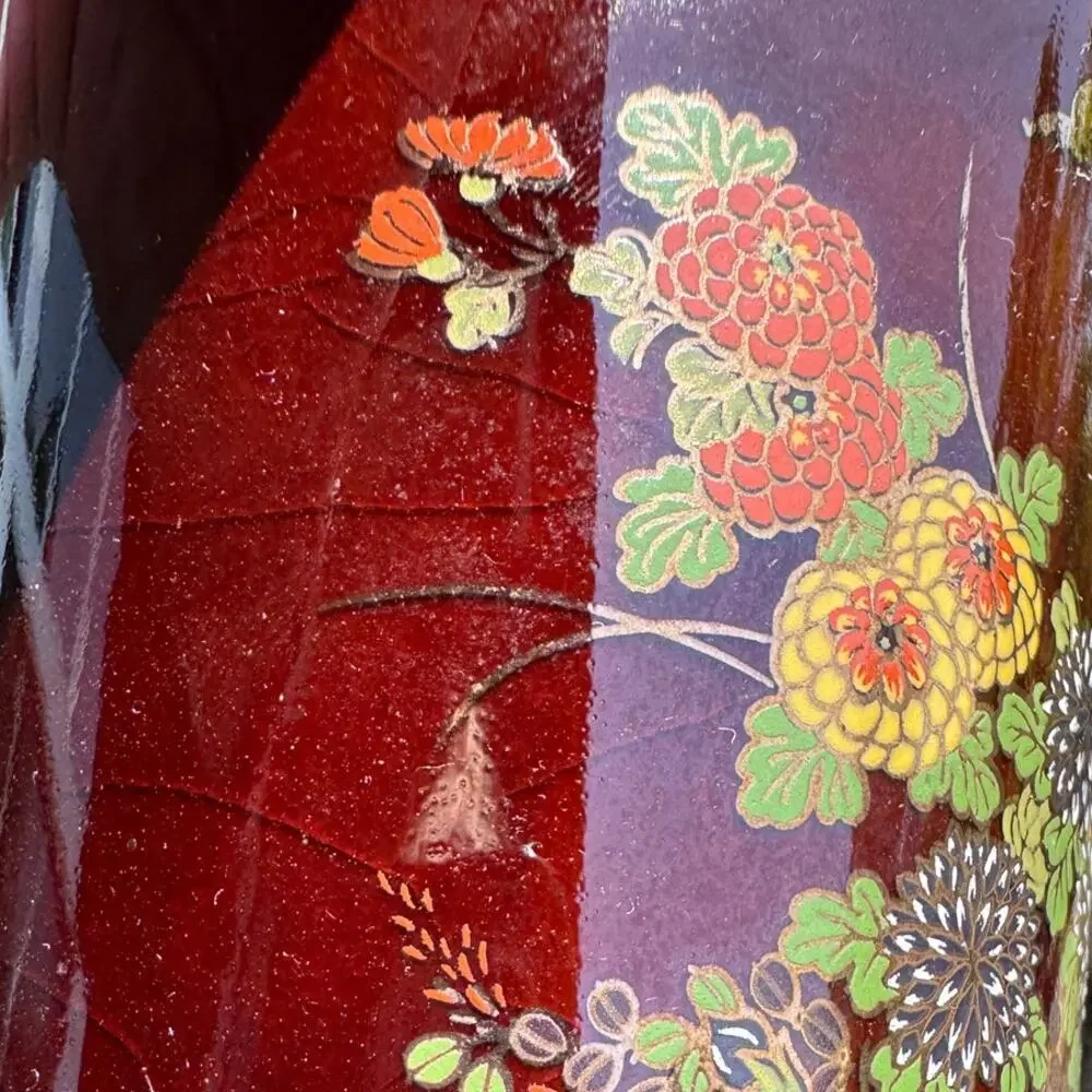 Vintage Japanese Brown Floral Chrysanthemum Ceramic Vase Hand Painted